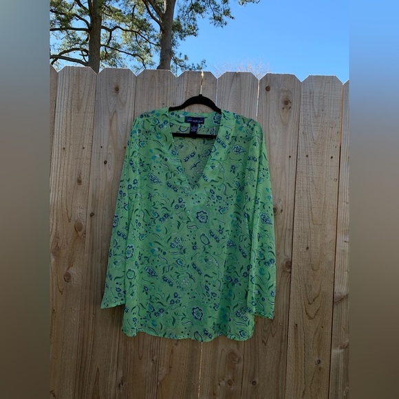 Susan Graver Womens Shirt Medium Green  Floral Long Sleeve Sheer Tunic Blouse - Picture 2 of 6
